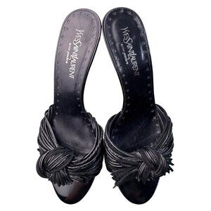 Yves Saint Laurent Black Leather Sandals With Knotted Rive Gauche Design- LT3291